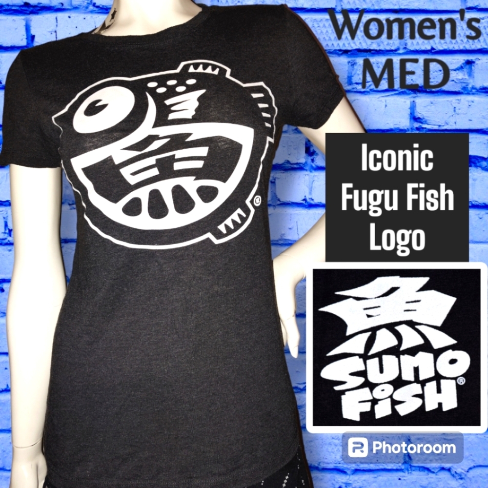 SUMOFISH Original Fugu Fish Logo Women's Graphic Tee Shirt White on Charcoal Med